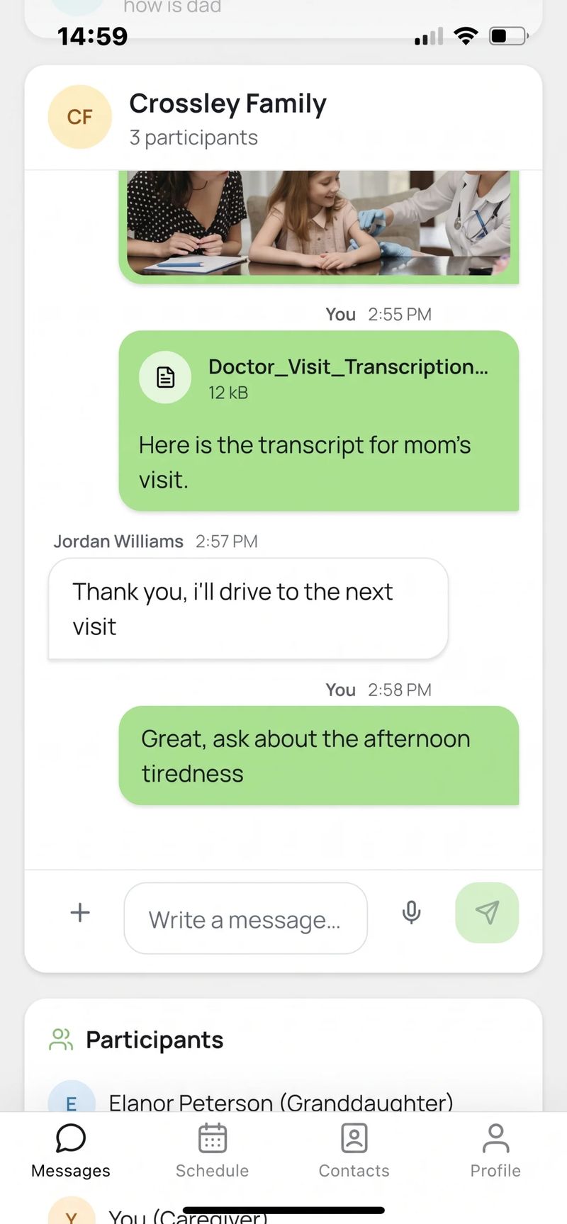 Family message thread with notes and a question for the next visit