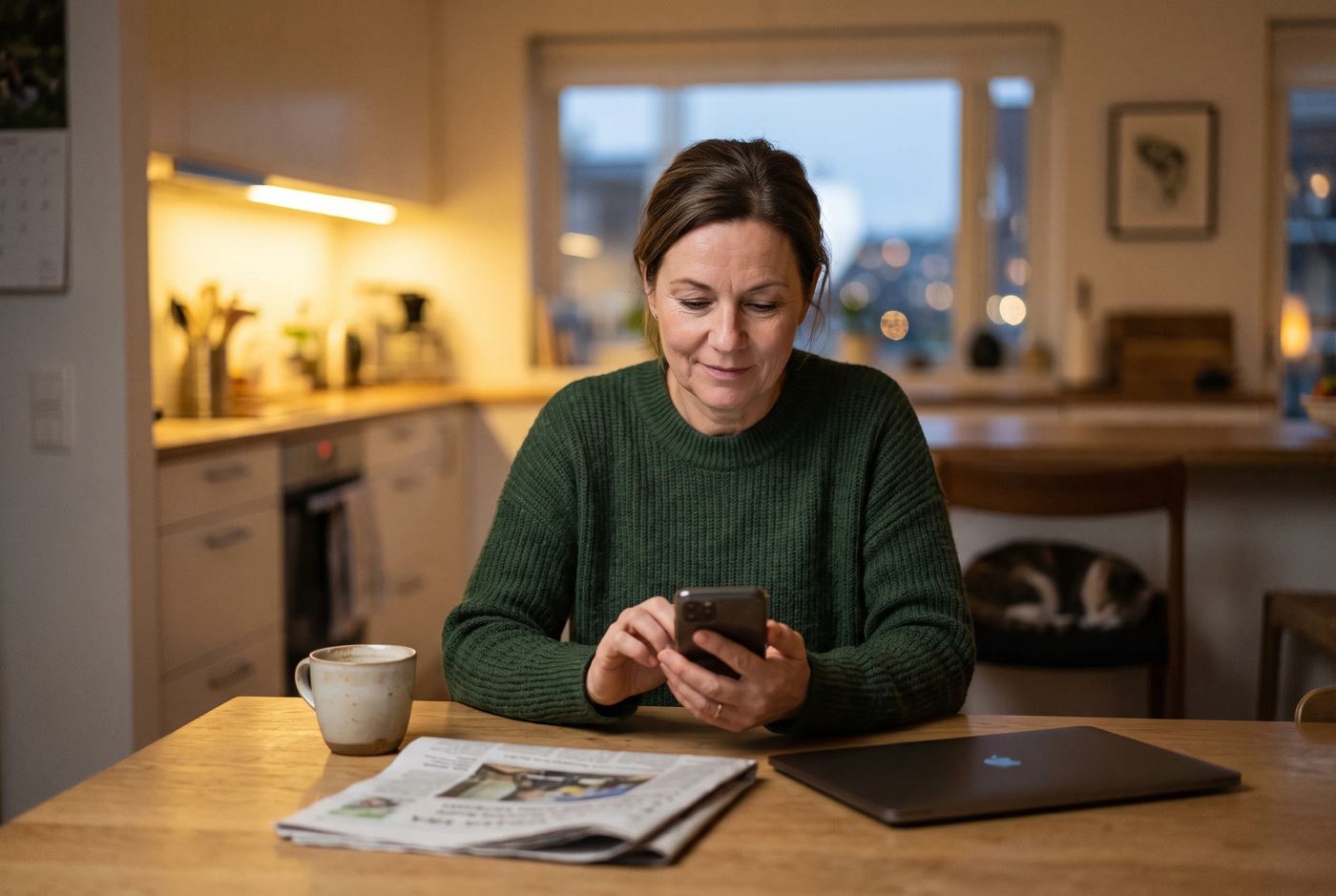 A woman reading her phone at her kitchen table at the end of the day